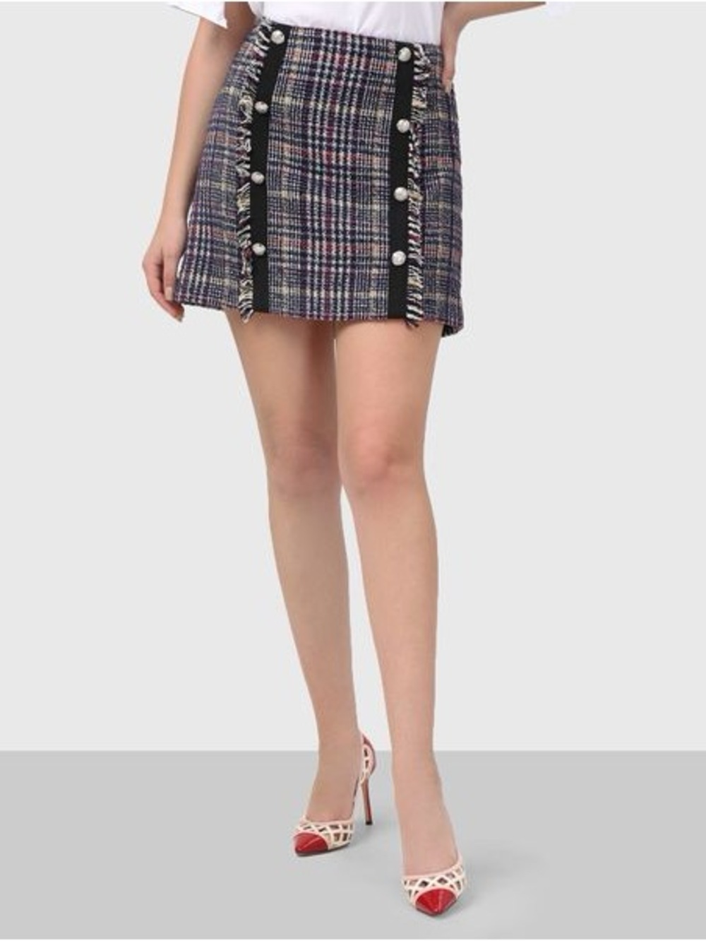 Veronica Beard Navy Multi Tweed Mini Skirt with Button Trim
